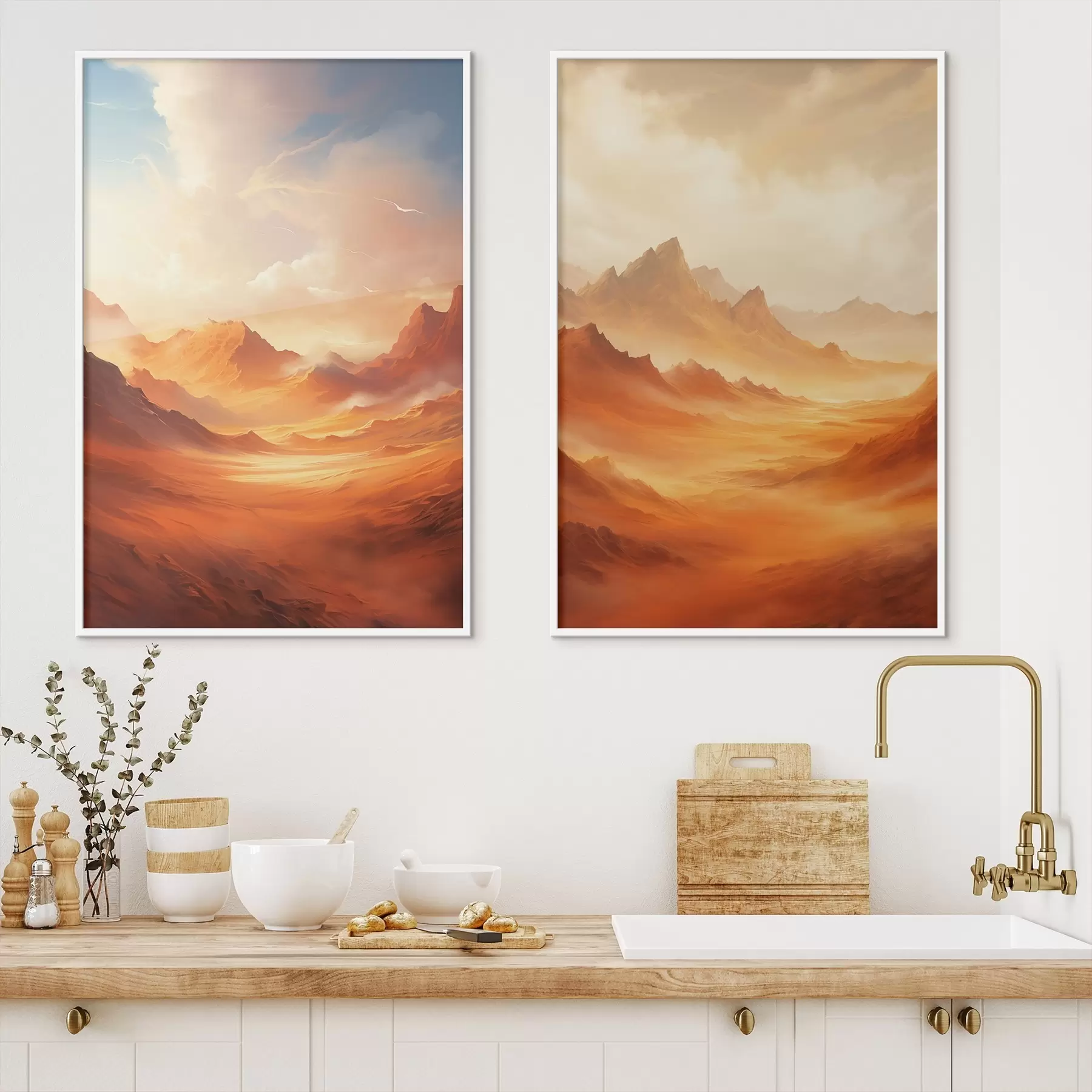 murales de pared Un vasto paisaje desértico de color naranja con imponentes montañas rocosas bajo un cielo brumoso y soleado con nubes tenues. d01122