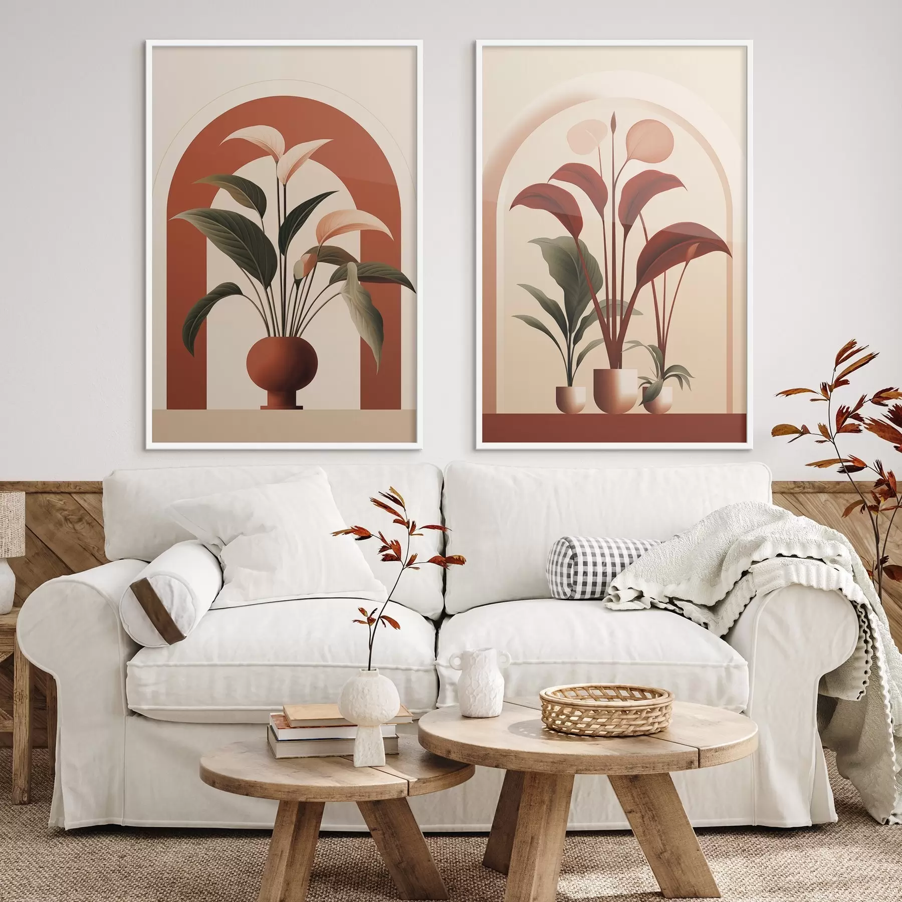 murales de pared Plantas abstractas en macetas con grandes hojas verdes y rojas delante de un arco de color crema. d01124