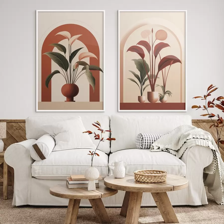 murales de pared Plantas abstractas en macetas con grandes hojas verdes y rojas delante de un arco de color crema. d01124