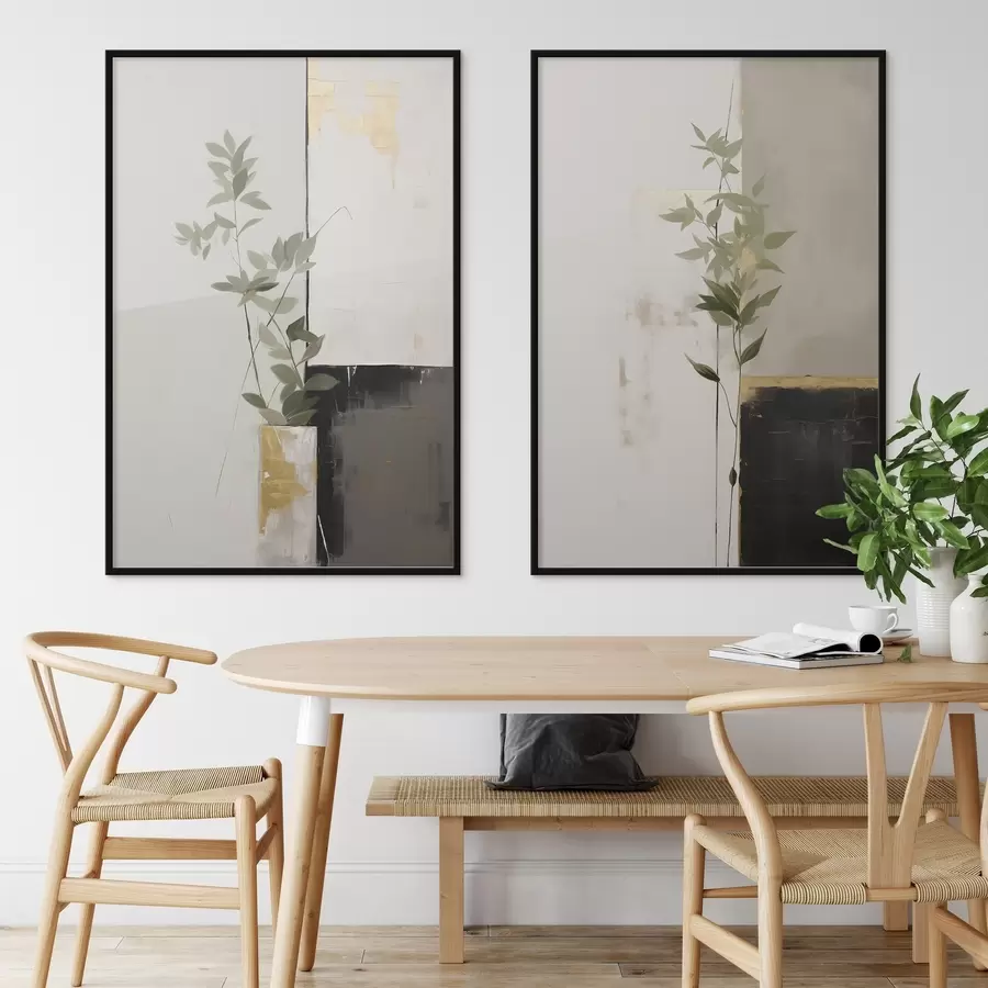 murales de pared Una pintura minimalista con textura de un jarrón con hojas verdes sobre un fondo de formas geométricas abstractas. d01126