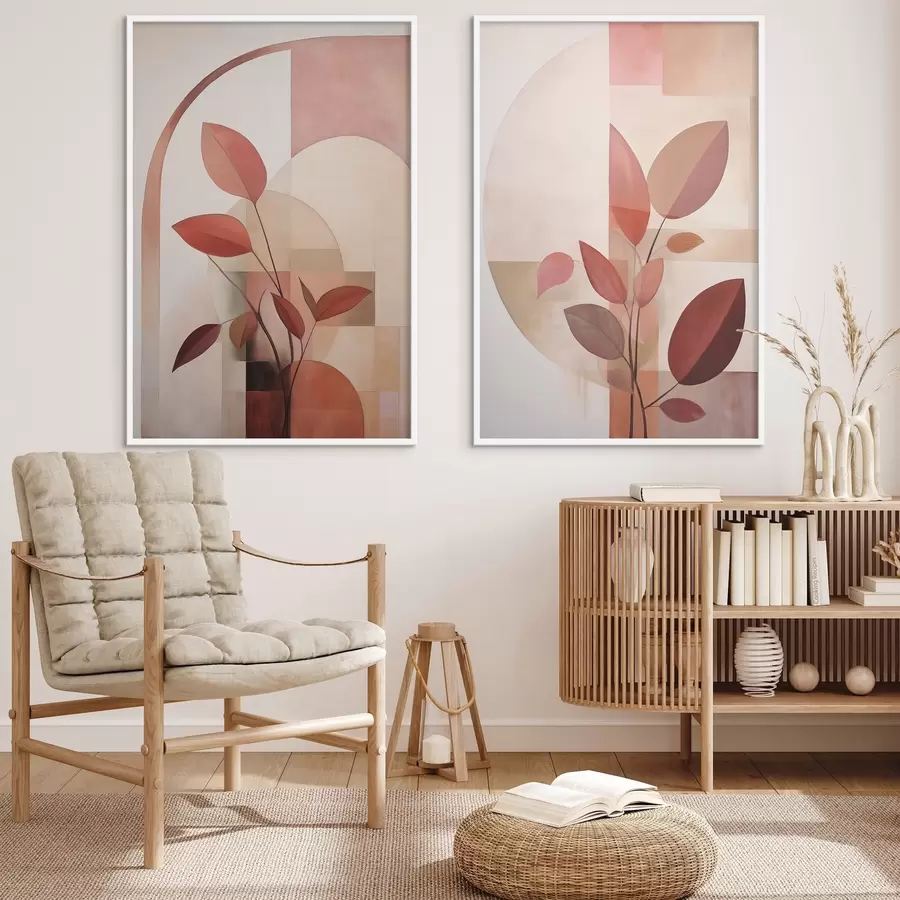 murales de pared Planta abstracta con hojas rojas sobre un fondo de formas geométricas y colores suaves y apagados. d01128