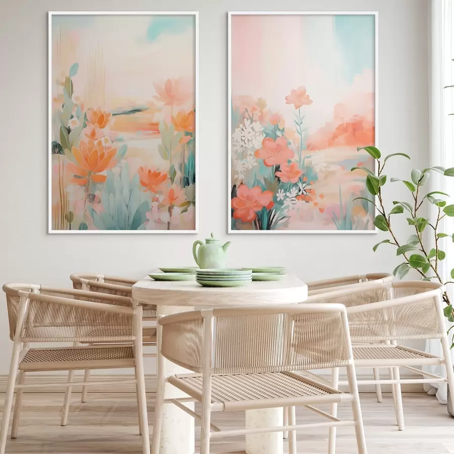 murales de pared Motivos florales en tonos pastel sobre un fondo de valle brumoso y luminoso. d01085