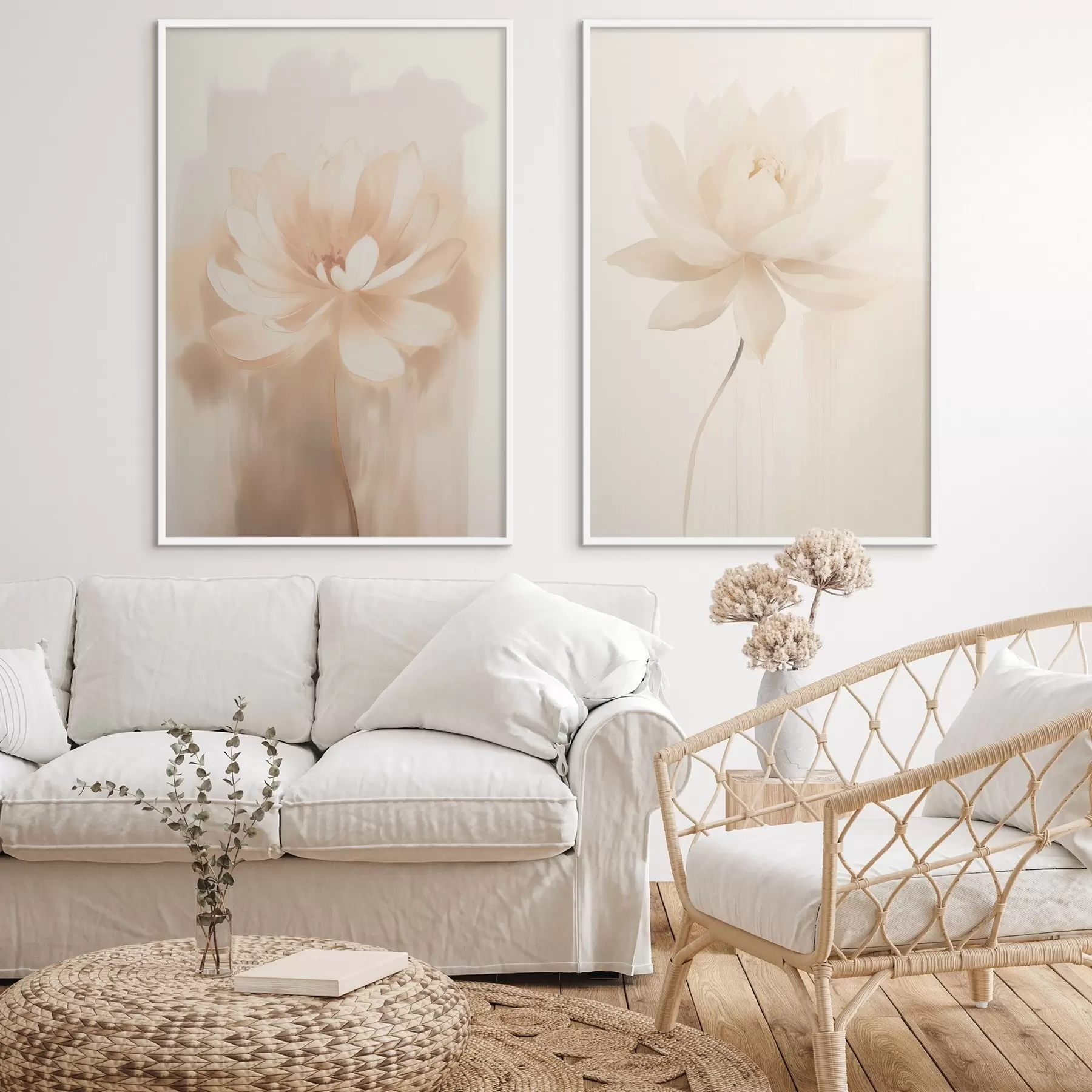 murales de pared Composición floral en tonos beige cálidos con pinceladas ligeras y un fondo aireado. d01087