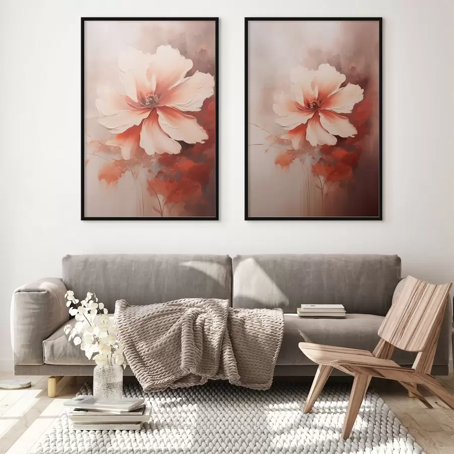 murales de pared Composición floral: pétalos blancos y crema, detalles en coral y un suave fondo brumoso. d01088