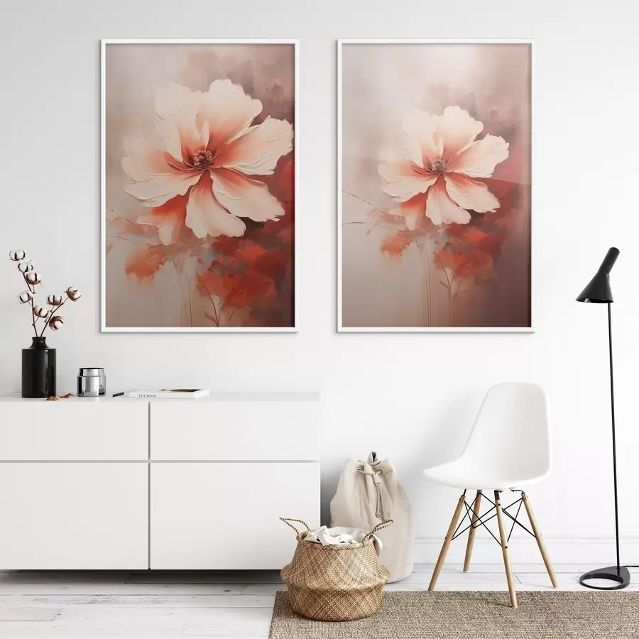 murales de pared Composición floral: pétalos blancos y crema, detalles en coral y un suave fondo brumoso. d01088