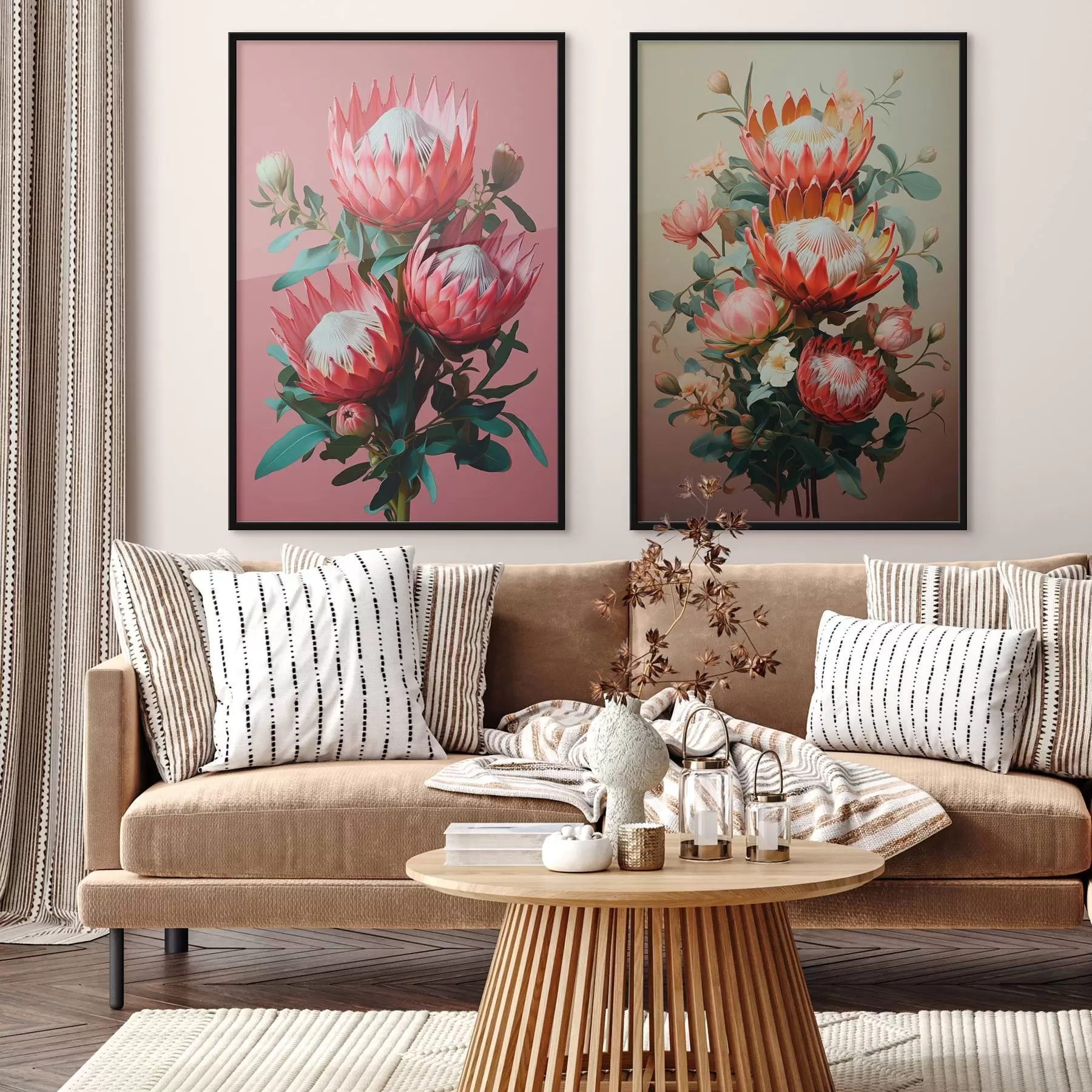 murales de pared Proteas en dos estados de ánimo: fondo rosa intenso y un cálido degradado oliva. d01092