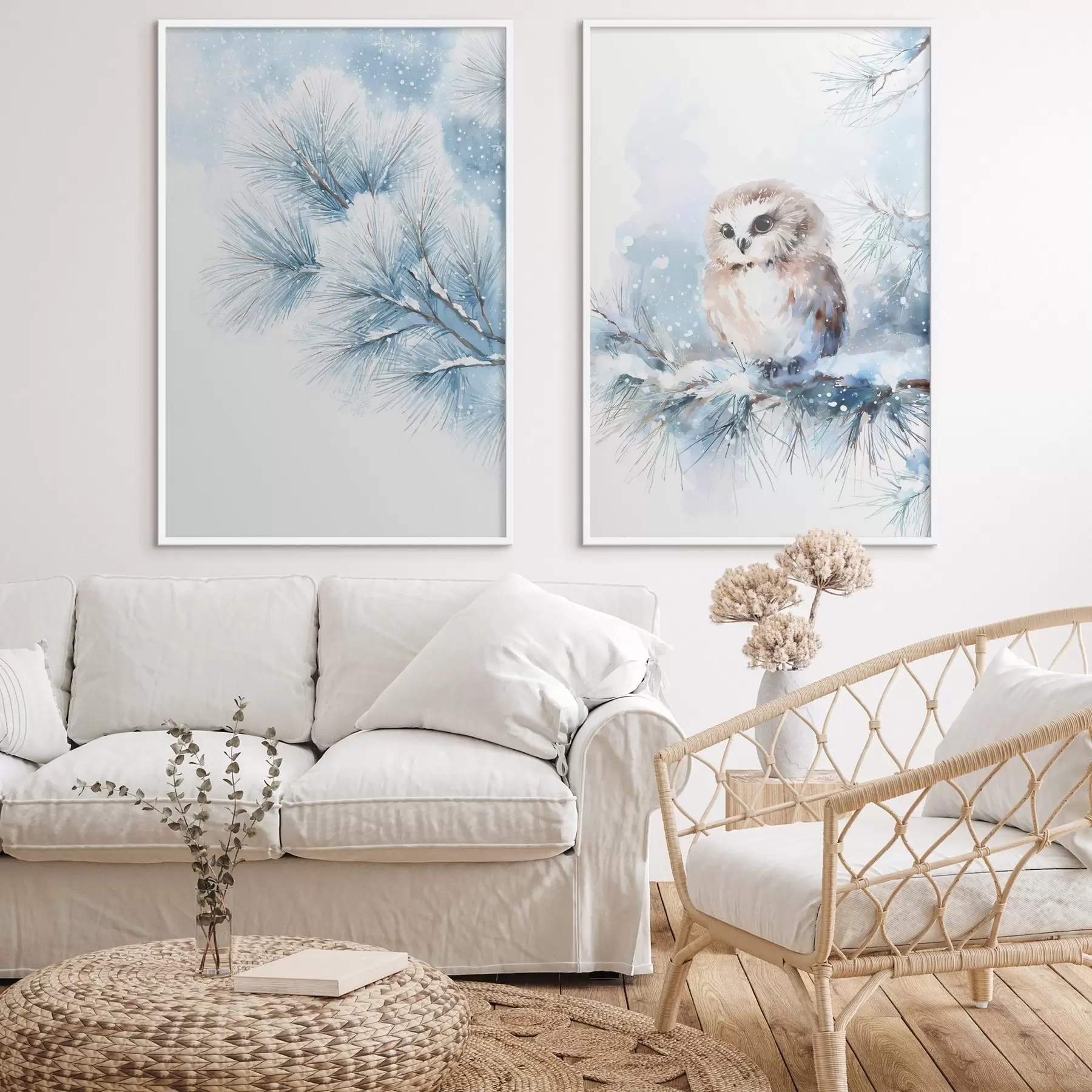 murales de pared Bonito búho sobre una rama de pino cubierta de nieve, pintado al estilo acuarela. d01168