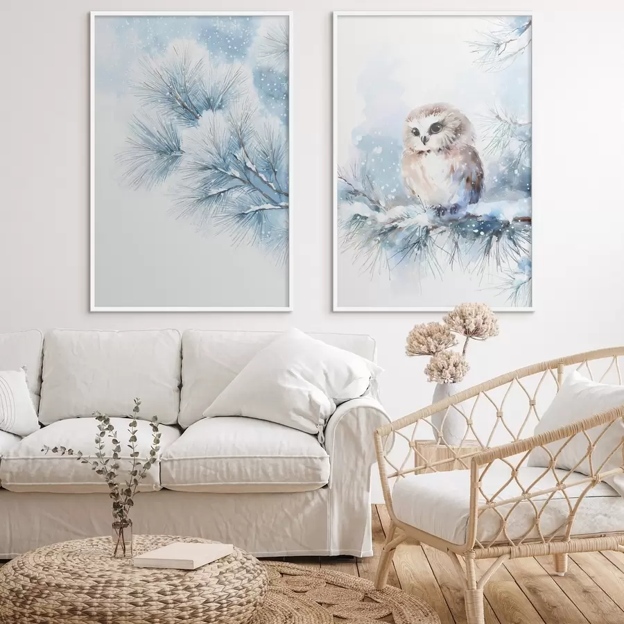 murales de pared Bonito búho sobre una rama de pino cubierta de nieve, pintado al estilo acuarela. d01168