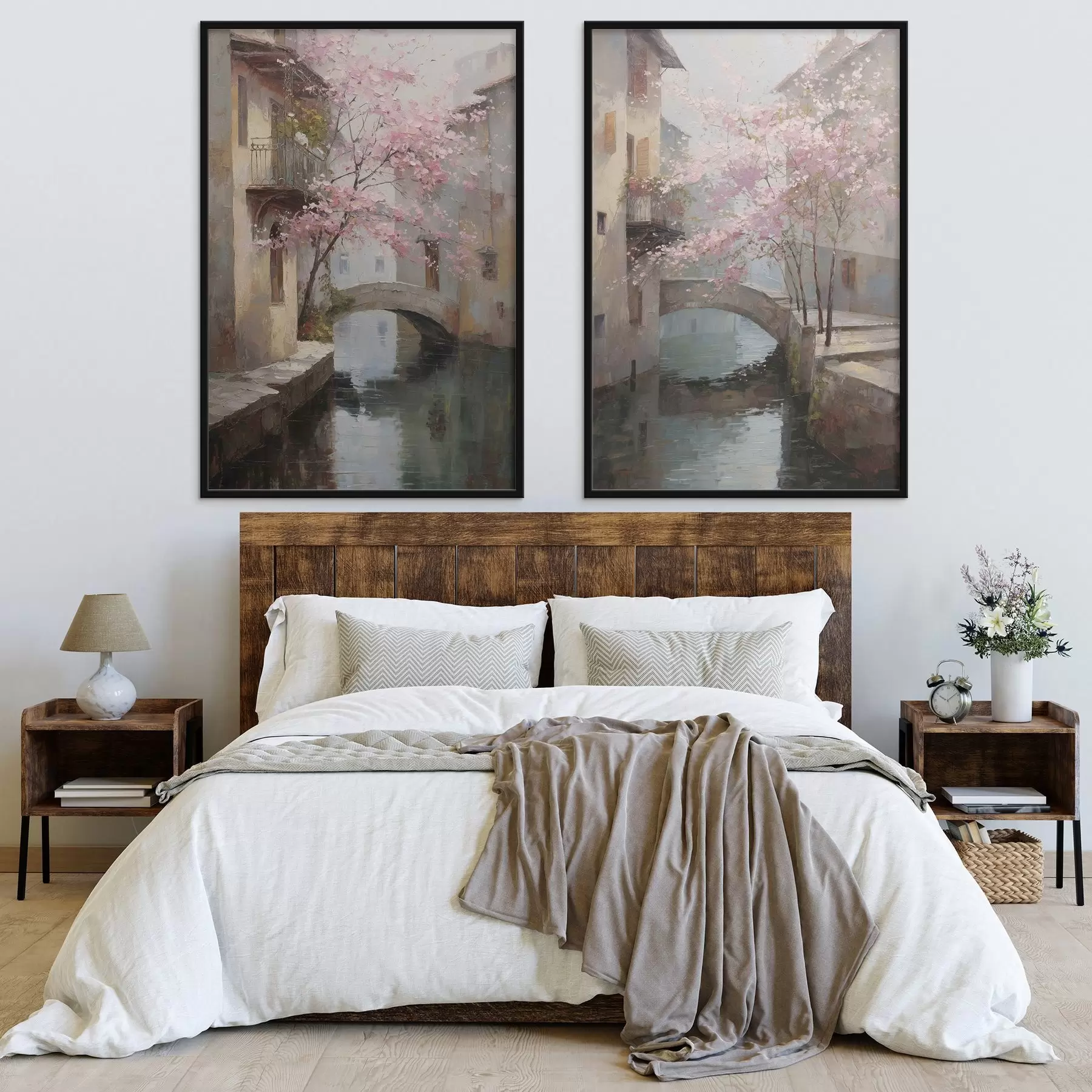 murales de pared Paisaje urbano romántico con un árbol en flor al estilo de la pintura al óleo. d01173