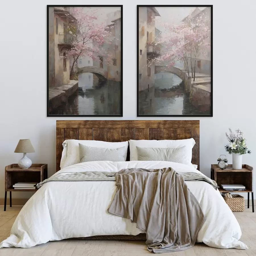 murales de pared Paisaje urbano romántico con un árbol en flor al estilo de la pintura al óleo. d01173