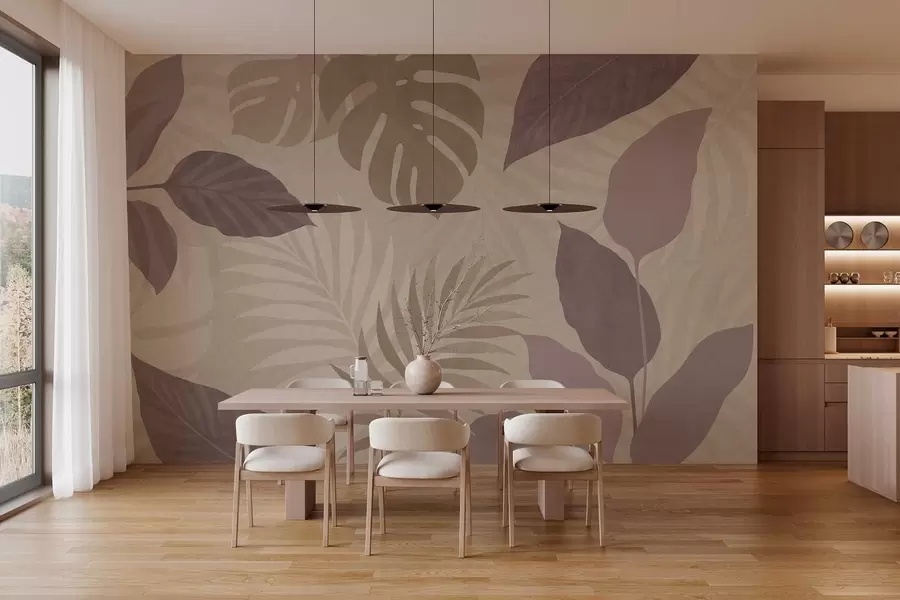 murales de pared Hojas tropicales texturizadas sobre fondo arenoso. w05063