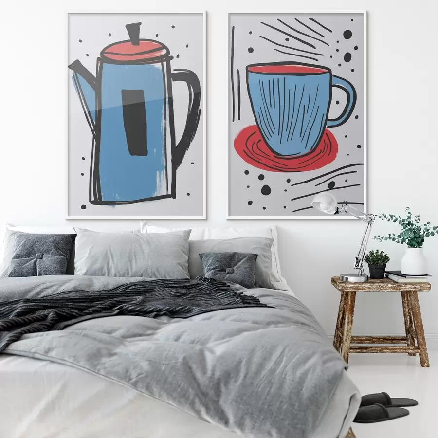 murales de pared Cafetera y taza imitación de un dibujo primitivo d01225