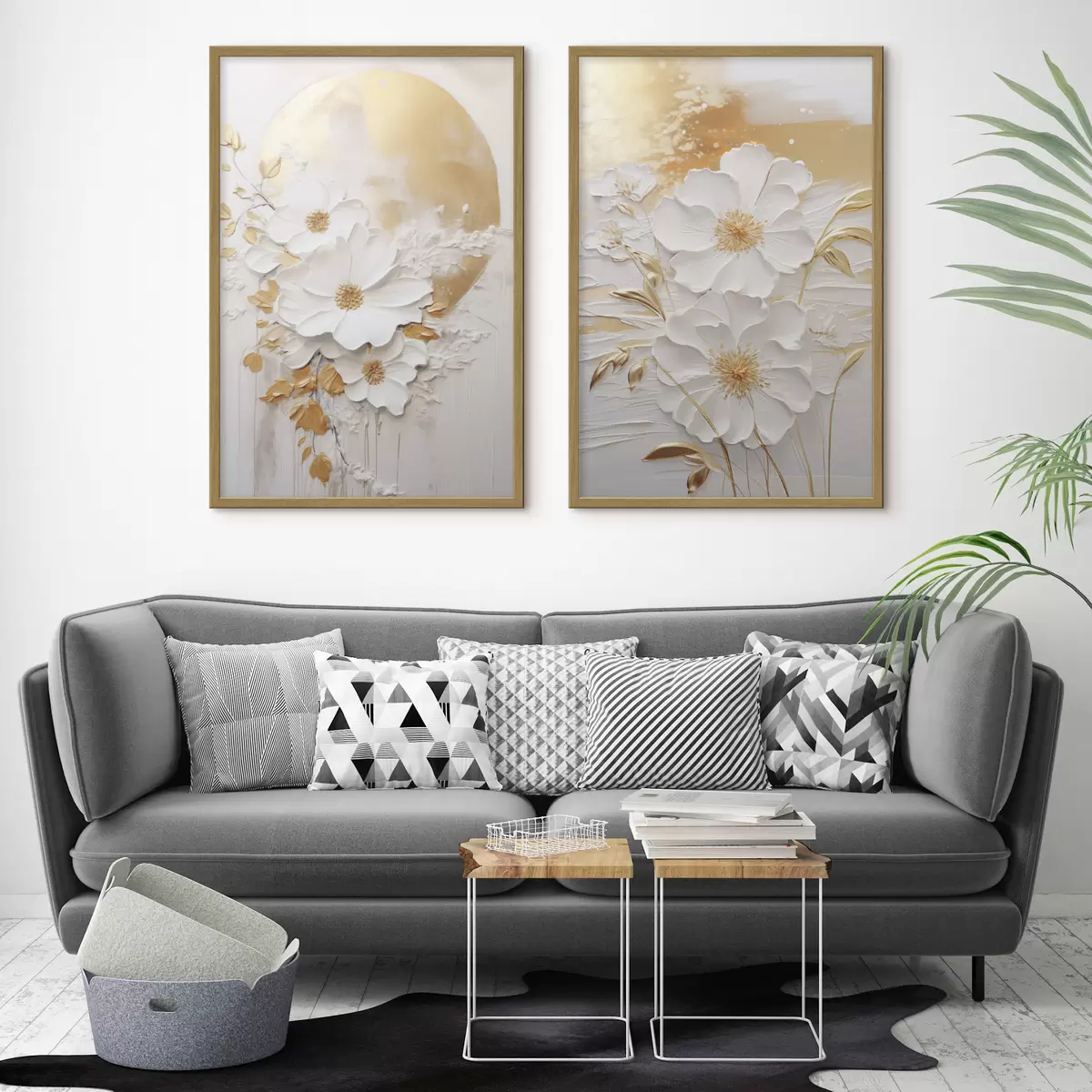 Poster Flores blancas con detalles amarillos y hojas delicadas sobre un fondo texturizado, arte moderno. d01233