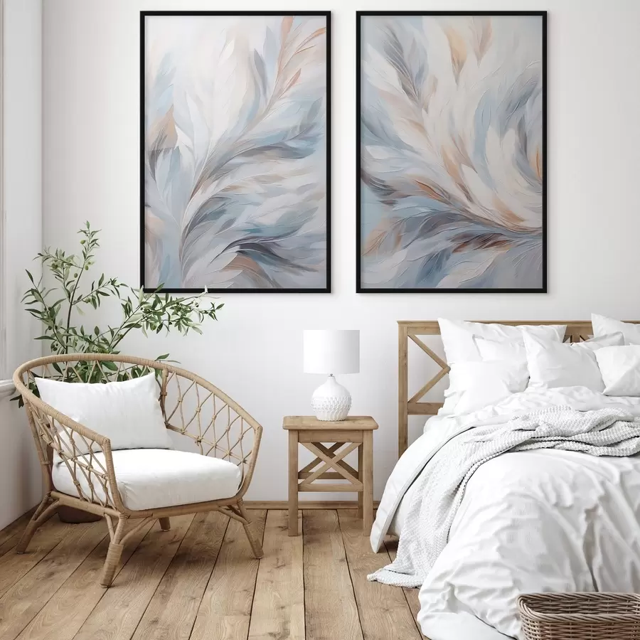 murales de pared Pintura abstracta de plumas en tonos blancos, azules y marrones, con una textura suave y fluida y un fondo claro. d01234