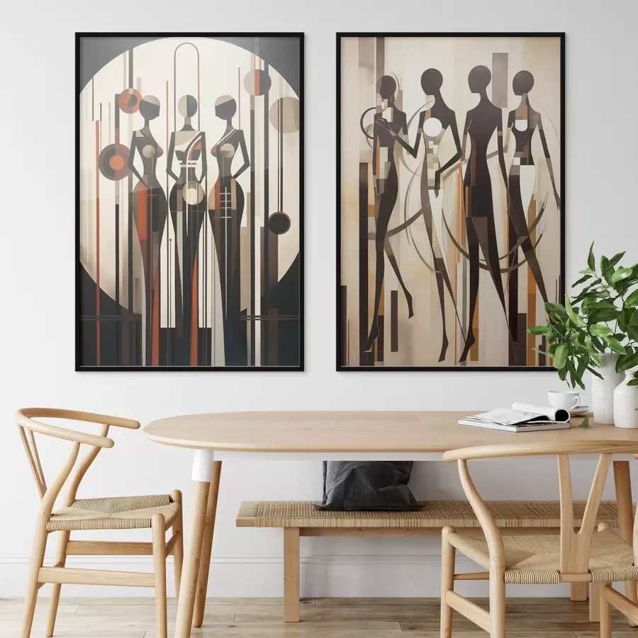 murales de pared Figuras femeninas estilizadas con elementos geométricos sobre un fondo abstracto de líneas verticales y círculos. d01237