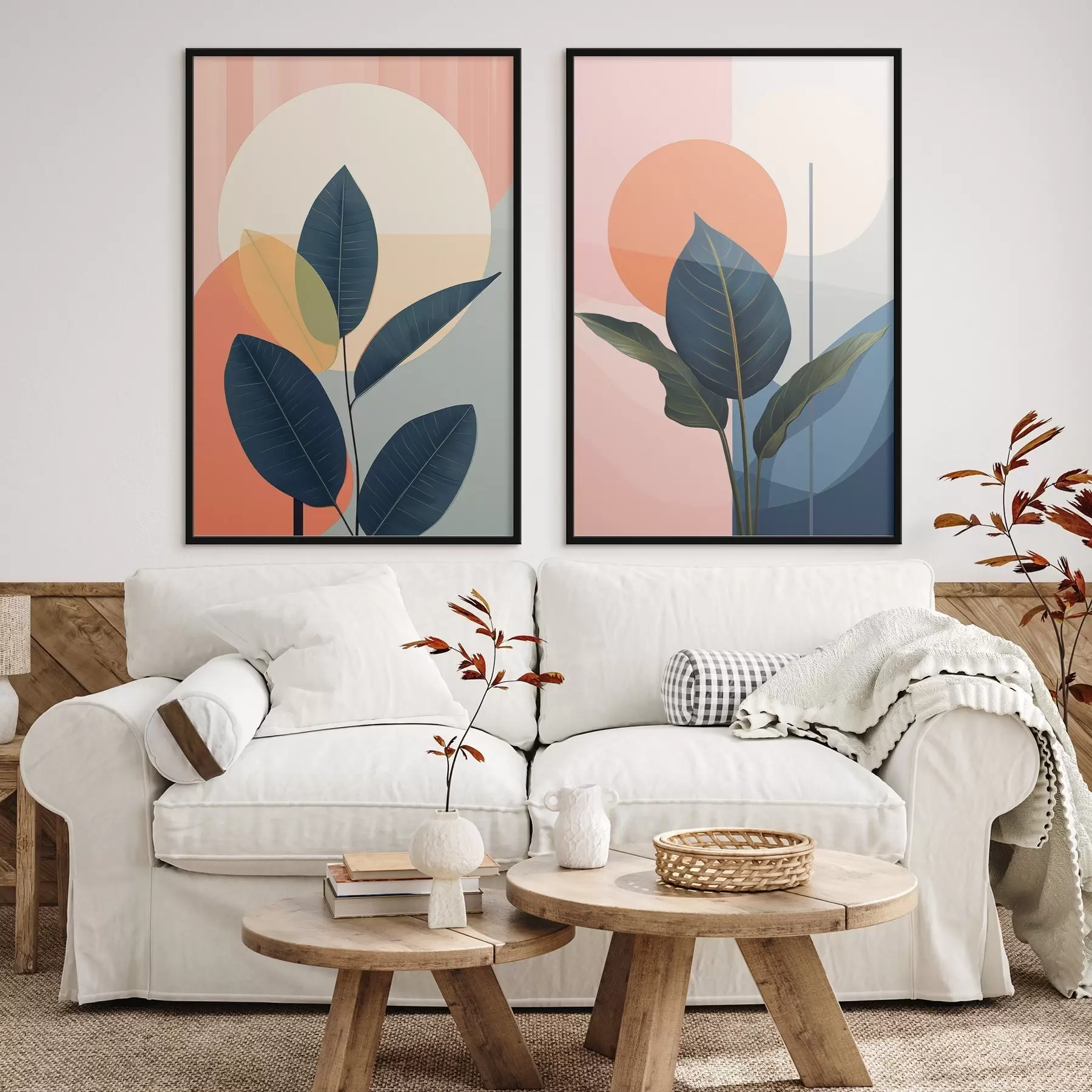 murales de pared Hojas oscuras sobre un fondo de formas abstractas en tonos melocotón y gris con un gran círculo amarillo pálido. d01238