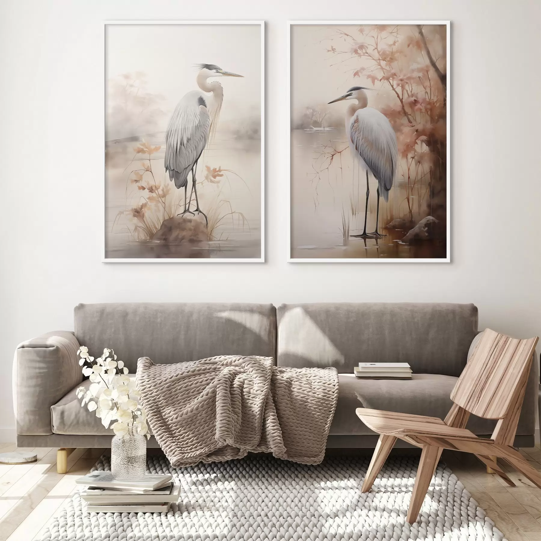 murales de pared Una garza se posa sobre una roca en un lago con altos pastos y árboles al fondo. d01239