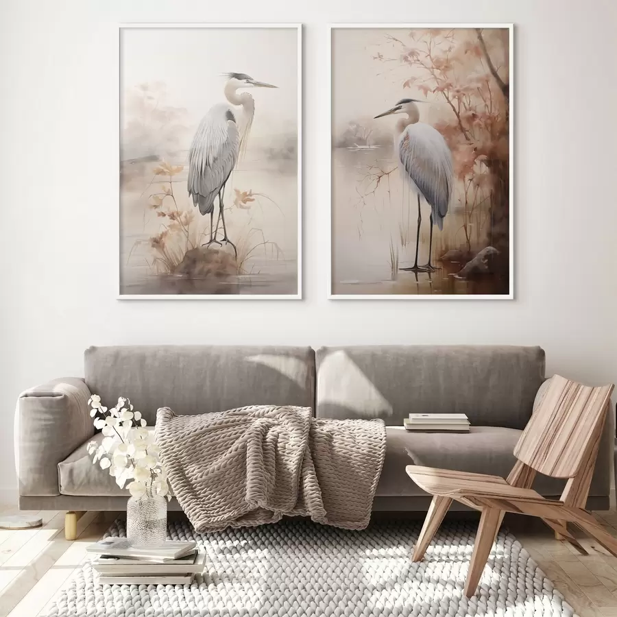 murales de pared Una garza se posa sobre una roca en un lago con altos pastos y árboles al fondo. d01239