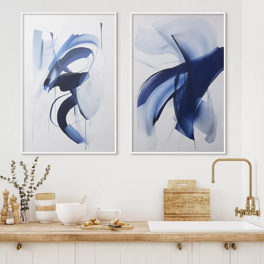 murales de pared Formas abstractas azules similares a pinceladas con líneas y curvas fluidas sobre un fondo blanco, arte moderno. d01240