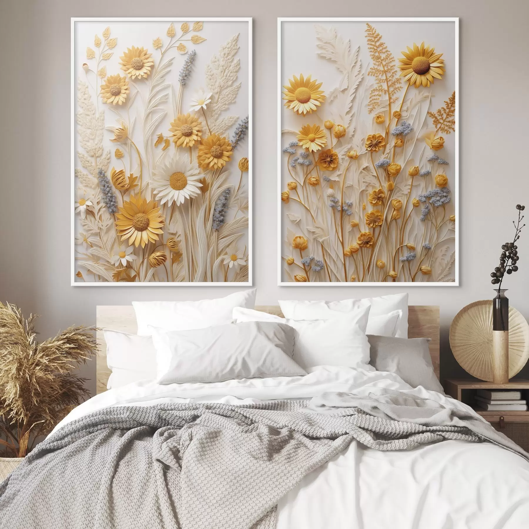 murales de pared Una colección texturizada de margaritas amarillas y blancas con hierbas secas y ramitas de lavanda sobre un fondo blanco. d01241