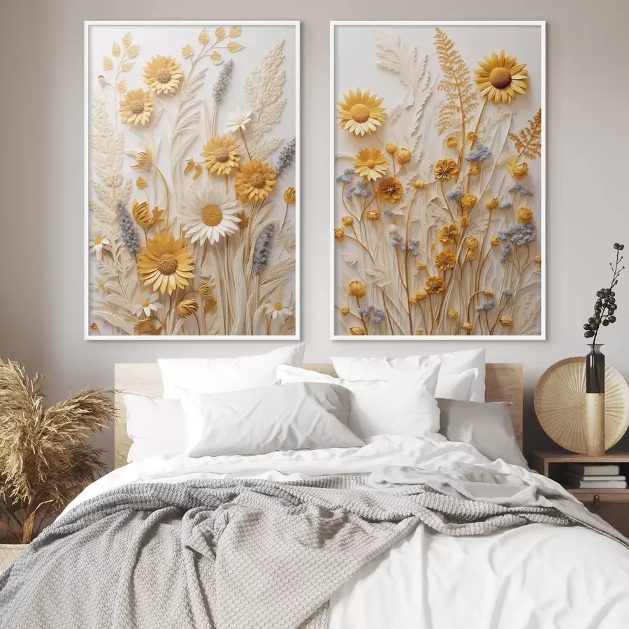 murales de pared Una colección texturizada de margaritas amarillas y blancas con hierbas secas y ramitas de lavanda sobre un fondo blanco. d01241