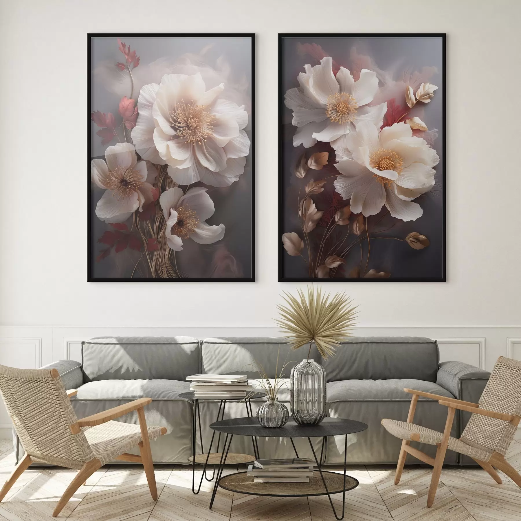 murales de pared Delicadas peonías con pétalos finos y tenues, rodeadas de hojas de color rojo oscuro y amarillo sobre un fondo abstracto. d01243