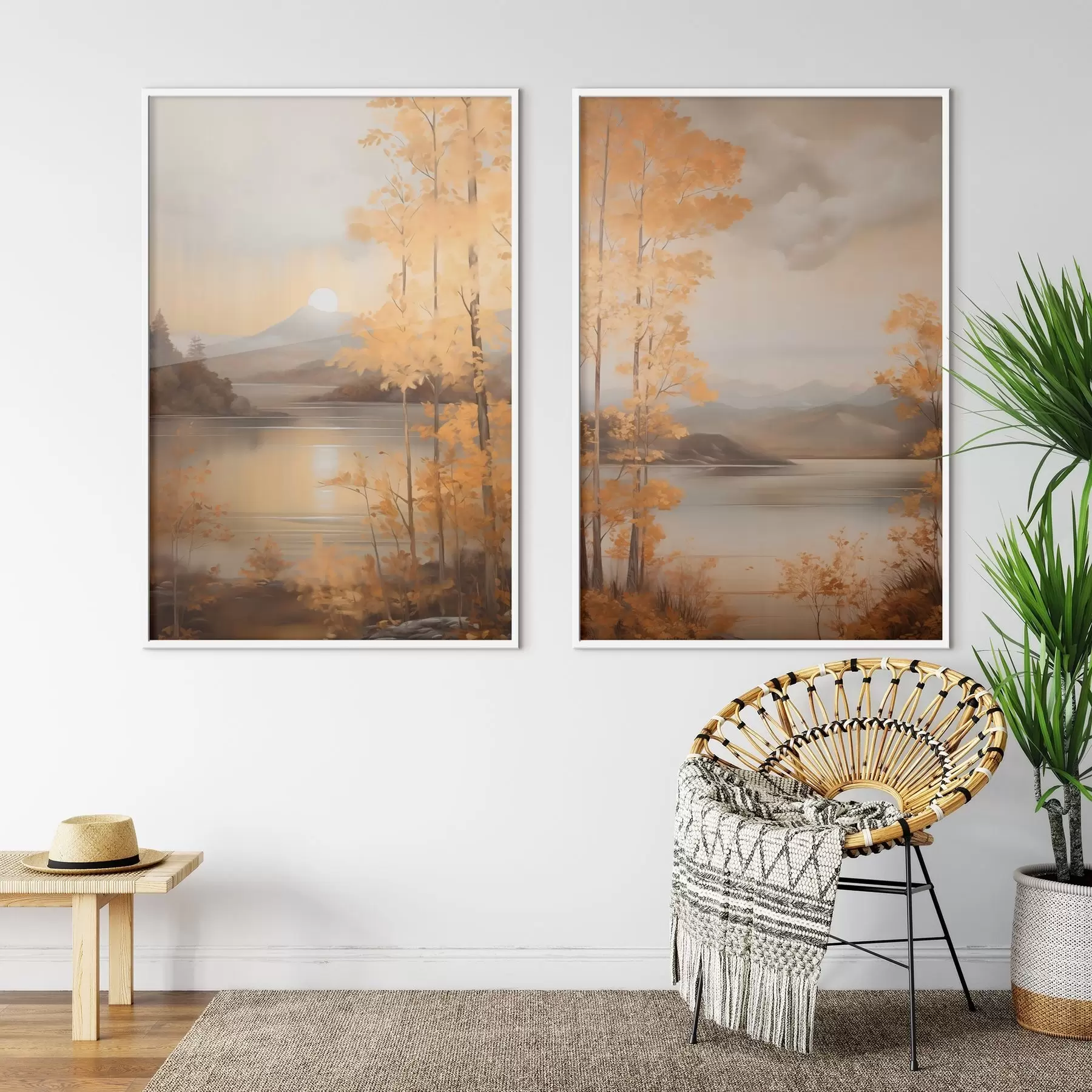 murales de pared Árboles otoñales con hojas anaranjadas enmarcan un lago tranquilo con montañas lejanas bajo un cielo nublado. d01246