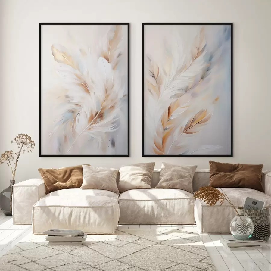 murales de pared Plumas grandes y suaves con una mezcla de tonos blancos, amarillos y marrones, sobre un fondo claro y abstracto. d01247