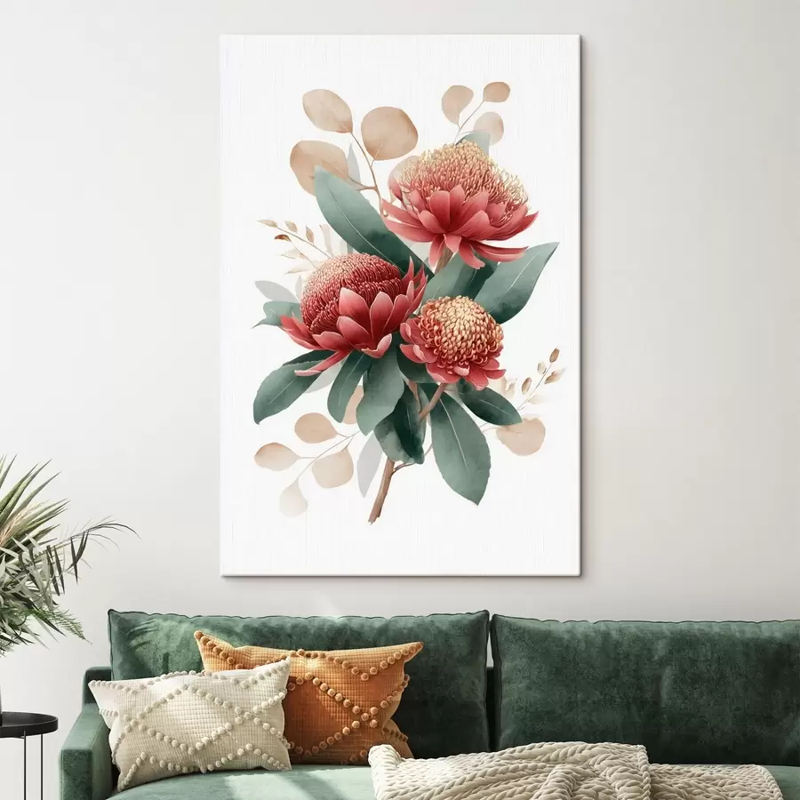 murales de pared Ramo expresivo de proteas y follaje decorativo en estilo ilustrativo de arte moderno. s46954