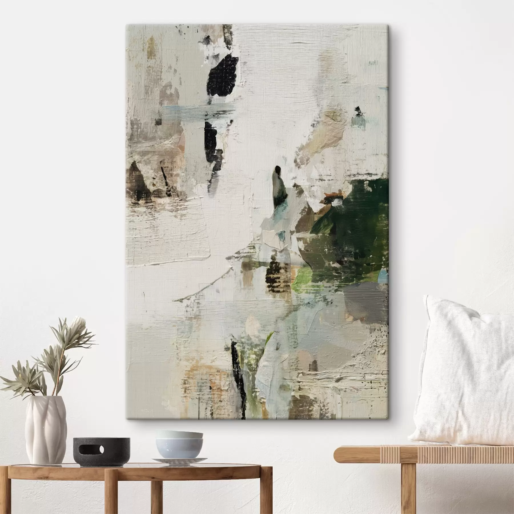 murales de pared Composición abstracta en tonos pastel con acentos verde oscuro al estilo de la pintura al óleo. s46960