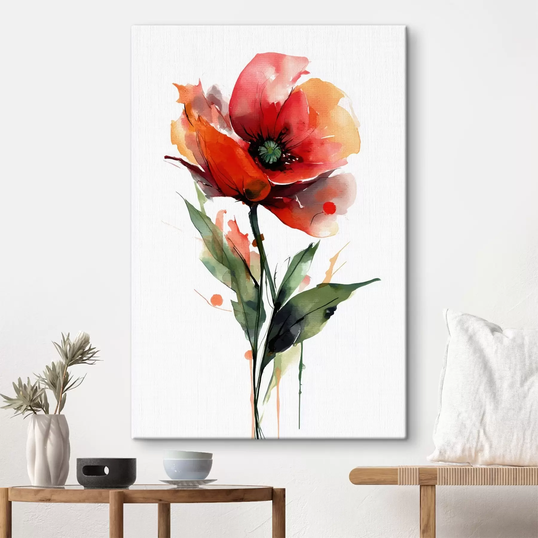 murales de pared Flor de amapola con expresivas gotas de pintura acuarela en estilo ilustrativo de arte moderno. s47086