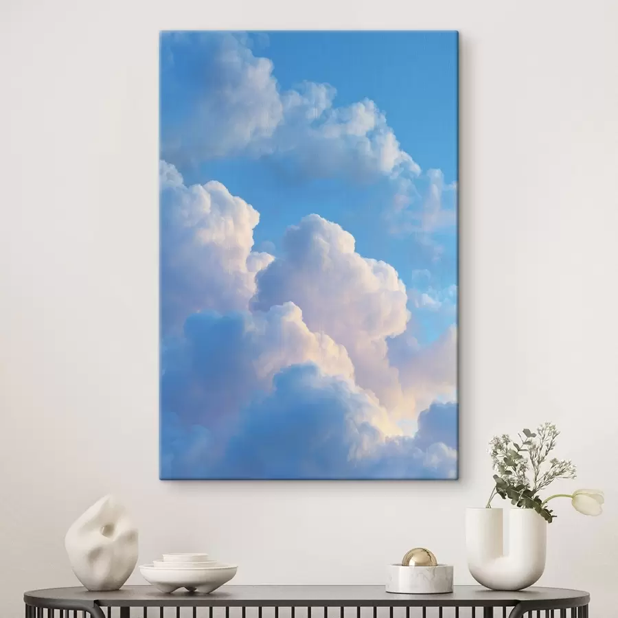 murales de pared Nubes voluminosas en una suave paleta de azules y rosas con un estilo gráfico digital fotorrealista. s47088