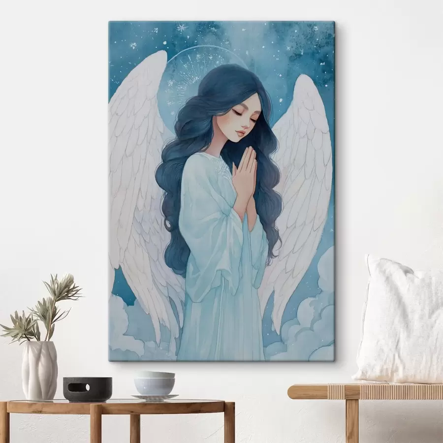 murales de pared Encantadora ilustración de un ángel entre las nubes en una paleta de colores blanco y azul. s47095