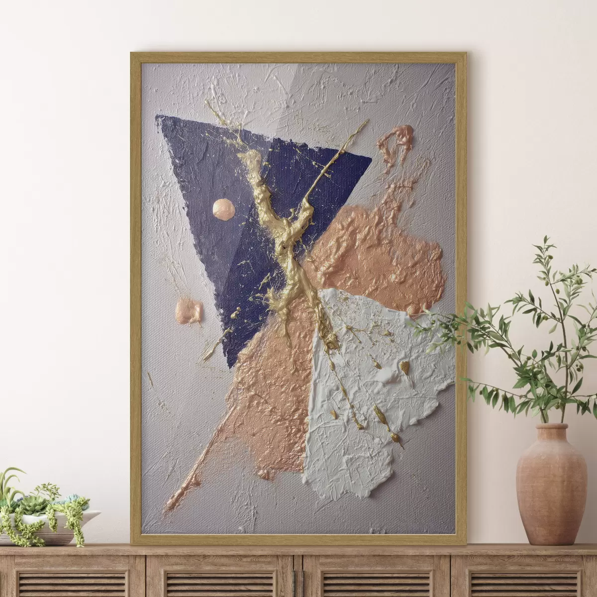Poster Composición abstracta con un triángulo azul oscuro y pinceladas en relieve al estilo de la pintura al óleo. f46953
