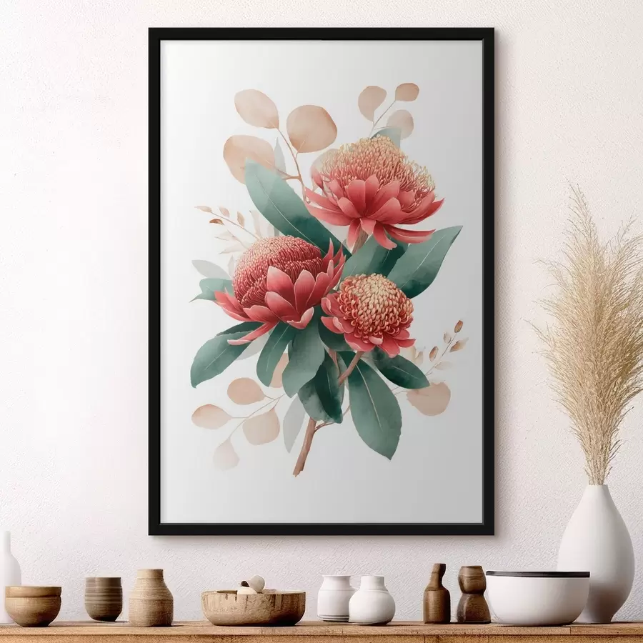 murales de pared Ramo expresivo de proteas y follaje decorativo en estilo ilustrativo de arte moderno. f46954