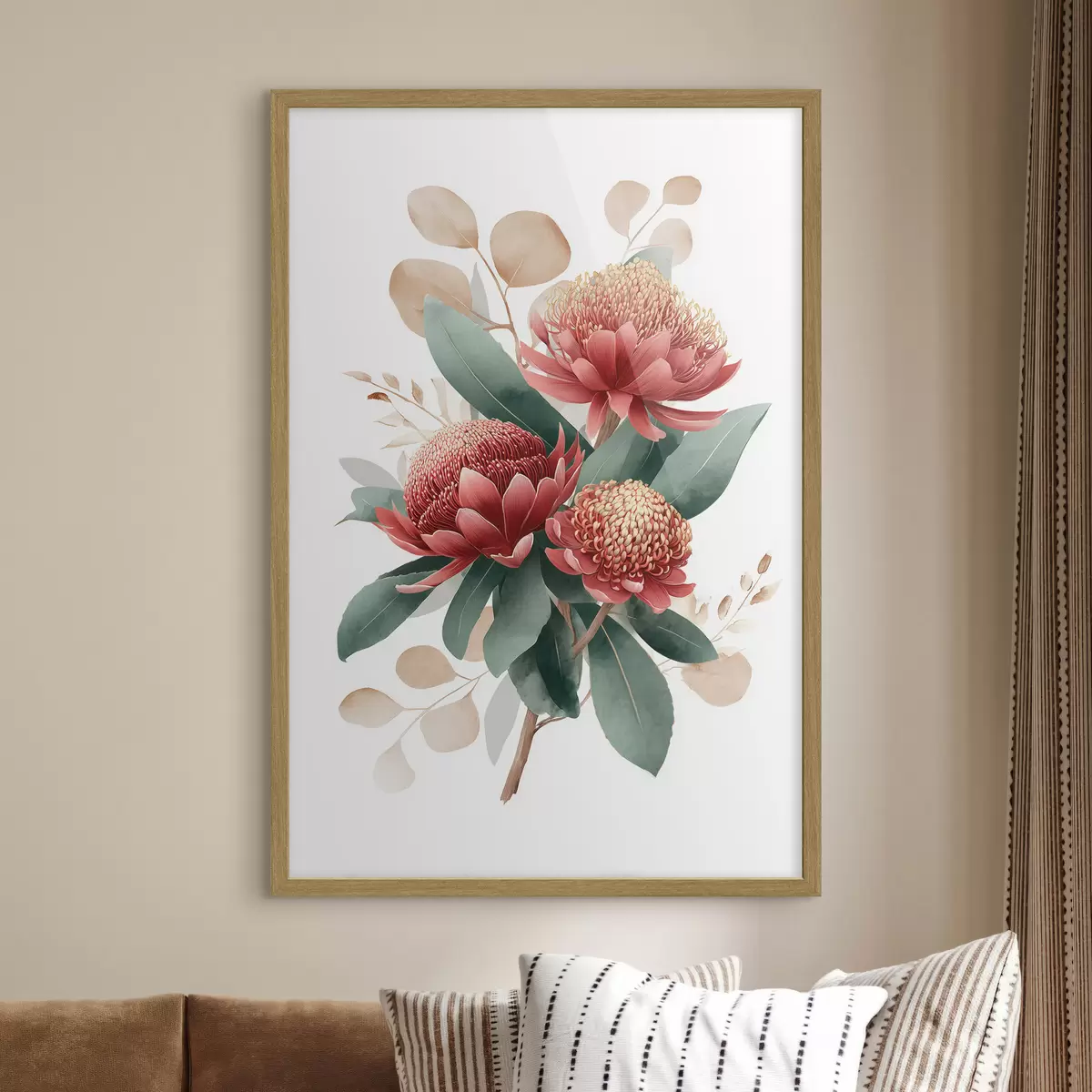 Poster Ramo expresivo de proteas y follaje decorativo en estilo ilustrativo de arte moderno. f46954