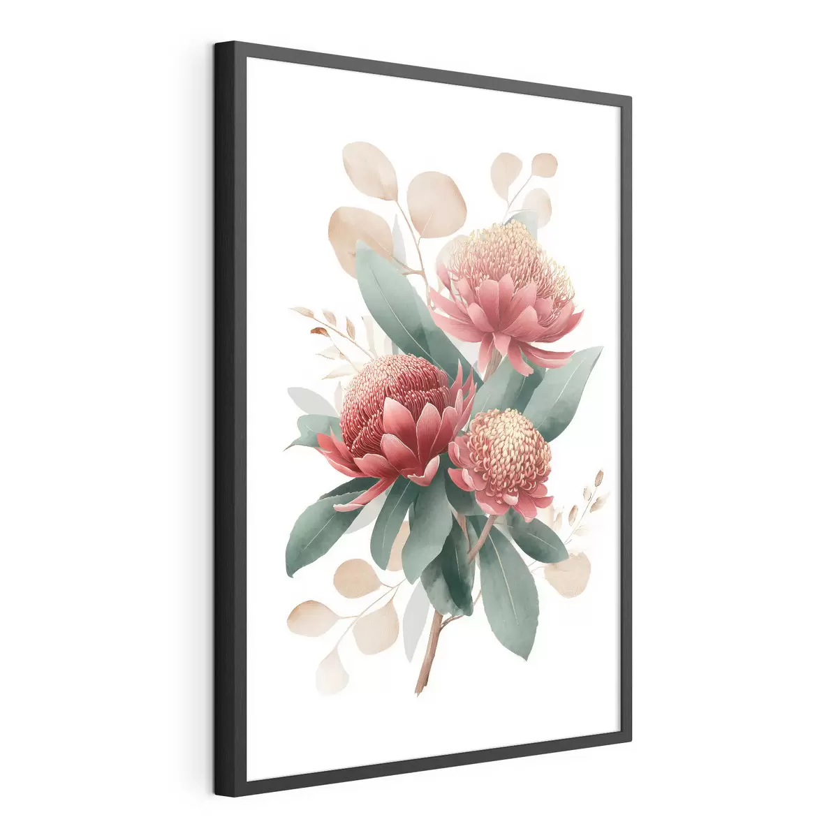 Poster Ramo expresivo de proteas y follaje decorativo en estilo ilustrativo de arte moderno. f46954