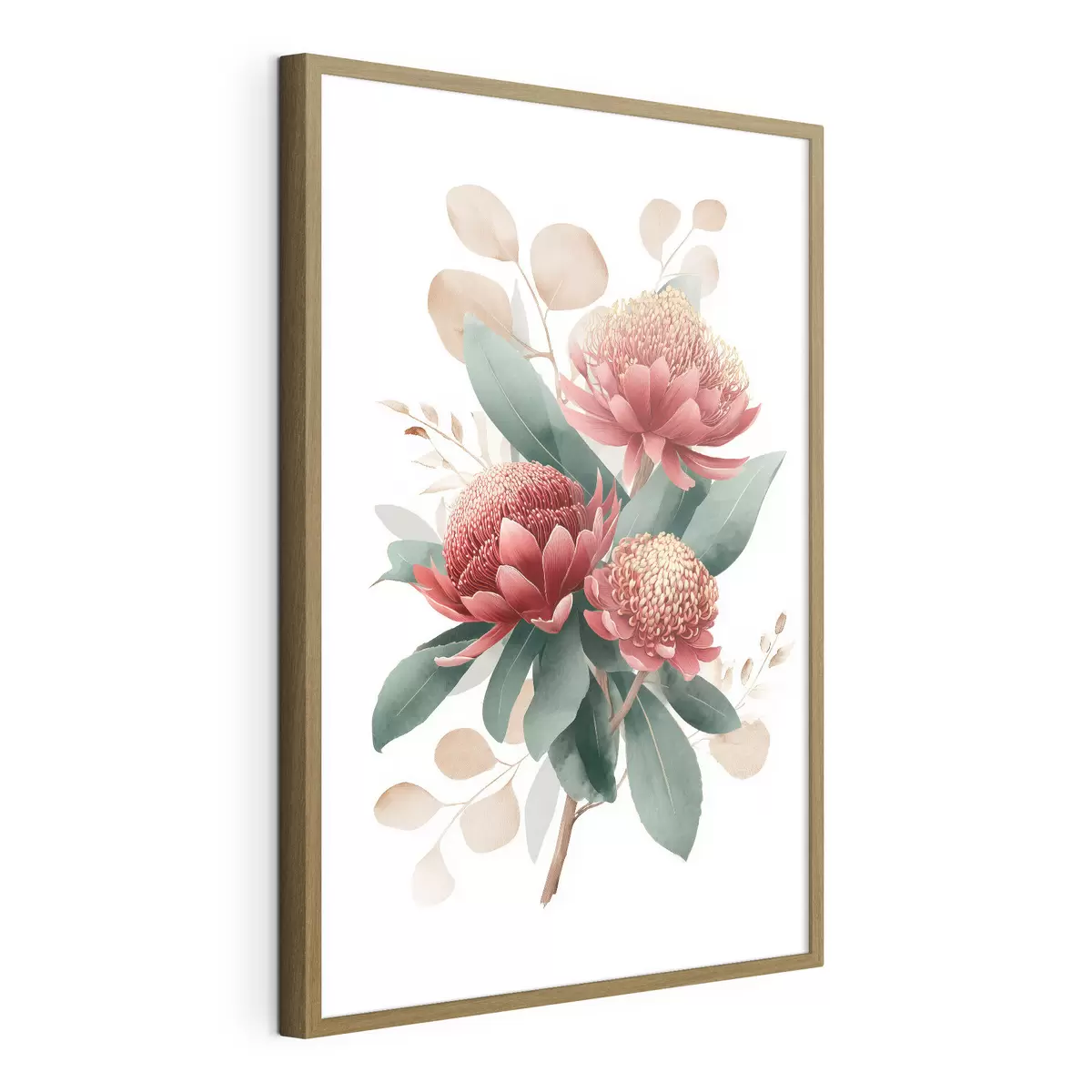 Poster Ramo expresivo de proteas y follaje decorativo en estilo ilustrativo de arte moderno. f46954
