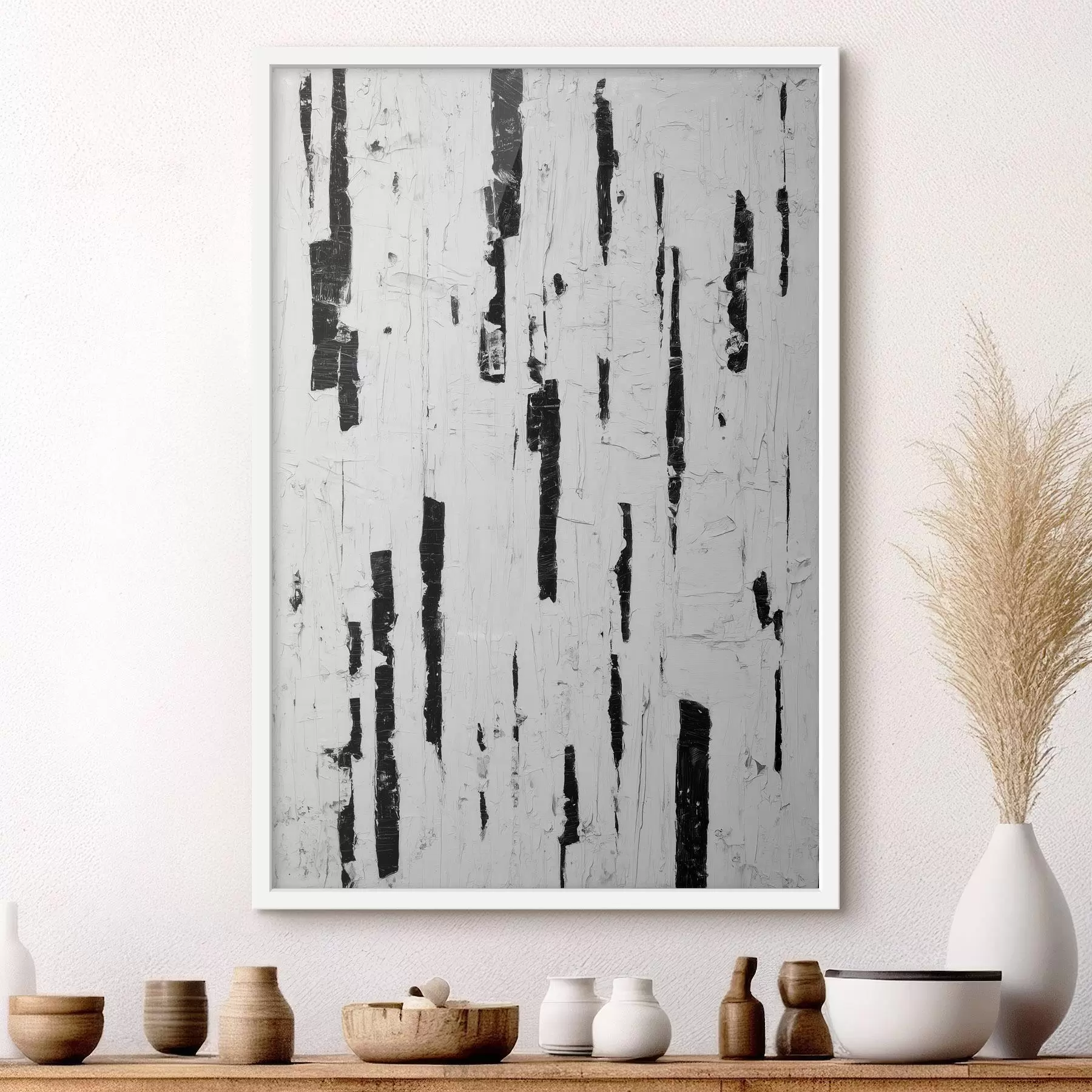murales de pared Composición abstracta con pinceladas verticales negras sobre fondo blanco en estilo pintura al óleo. f46956