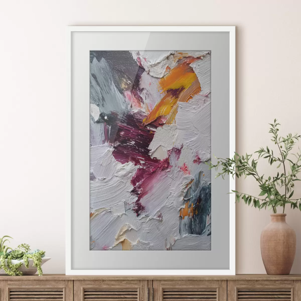 Poster Composición abstracta con intensas pinceladas de color cereza y naranja al estilo de la pintura al óleo. f46959