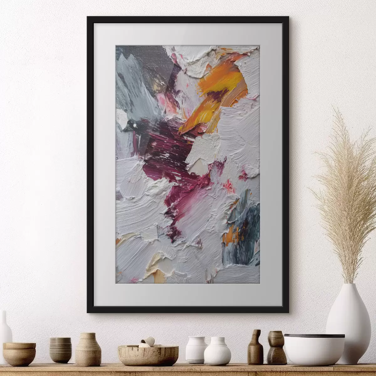 Poster Composición abstracta con intensas pinceladas de color cereza y naranja al estilo de la pintura al óleo. f46959