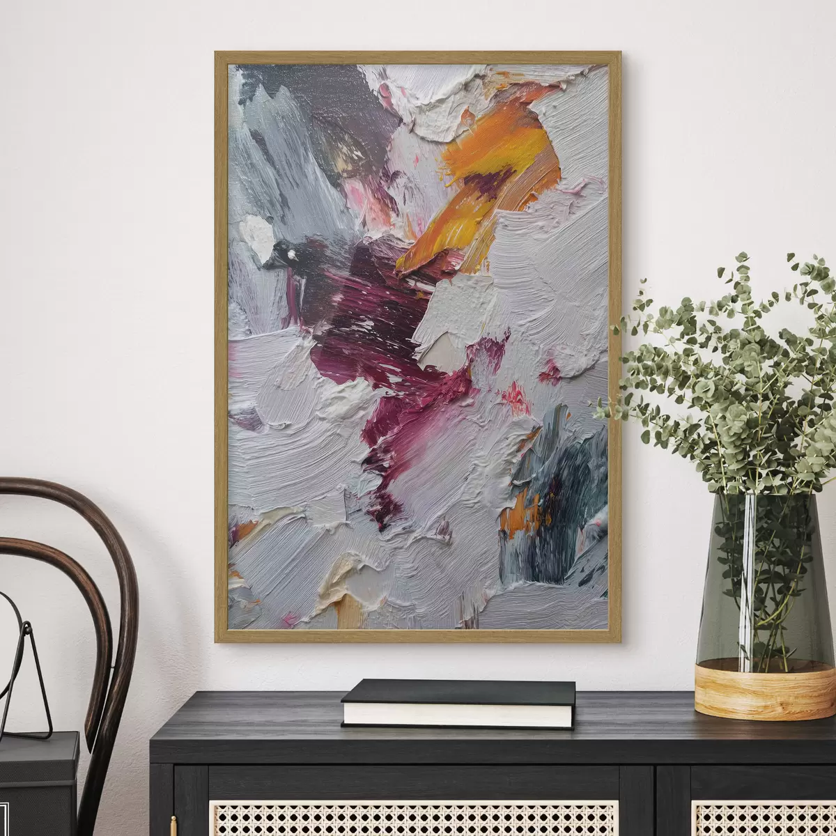 Poster Composición abstracta con intensas pinceladas de color cereza y naranja al estilo de la pintura al óleo. f46959