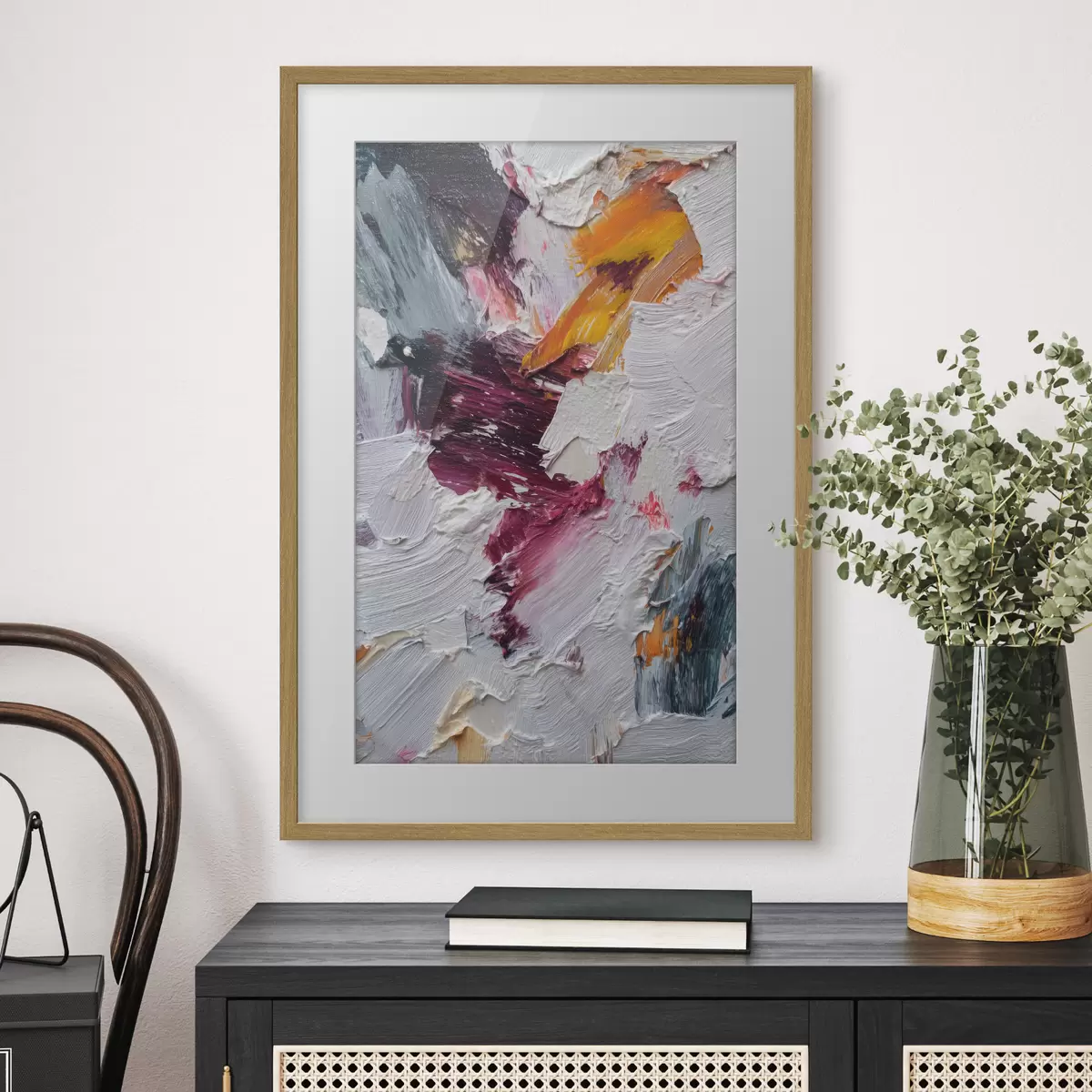 Poster Composición abstracta con intensas pinceladas de color cereza y naranja al estilo de la pintura al óleo. f46959