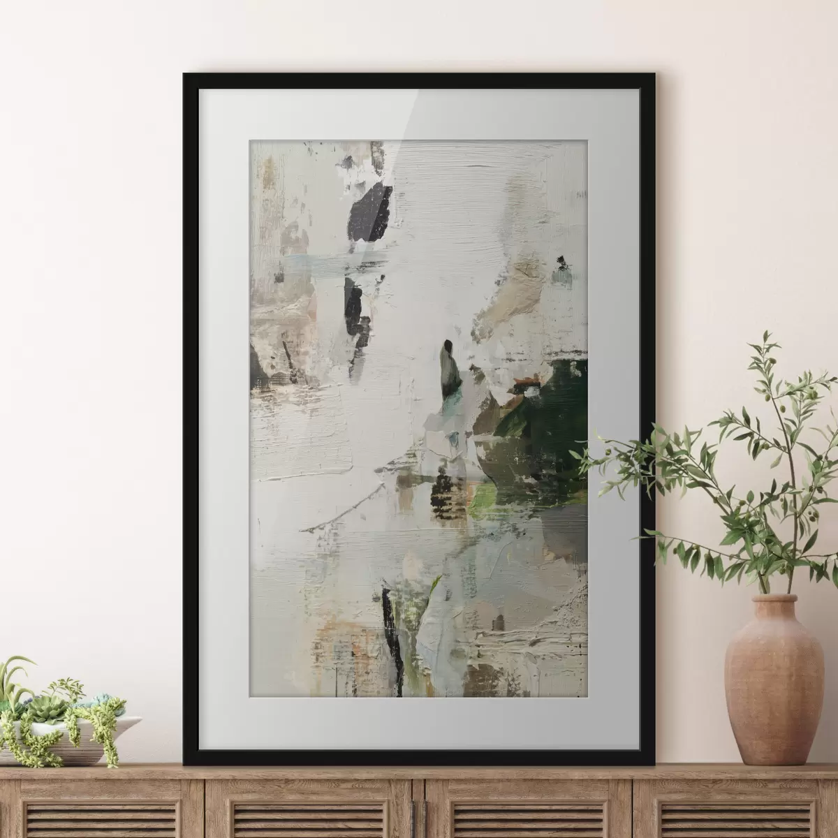 Poster Composición abstracta en tonos pastel con acentos verde oscuro al estilo de la pintura al óleo. f46960