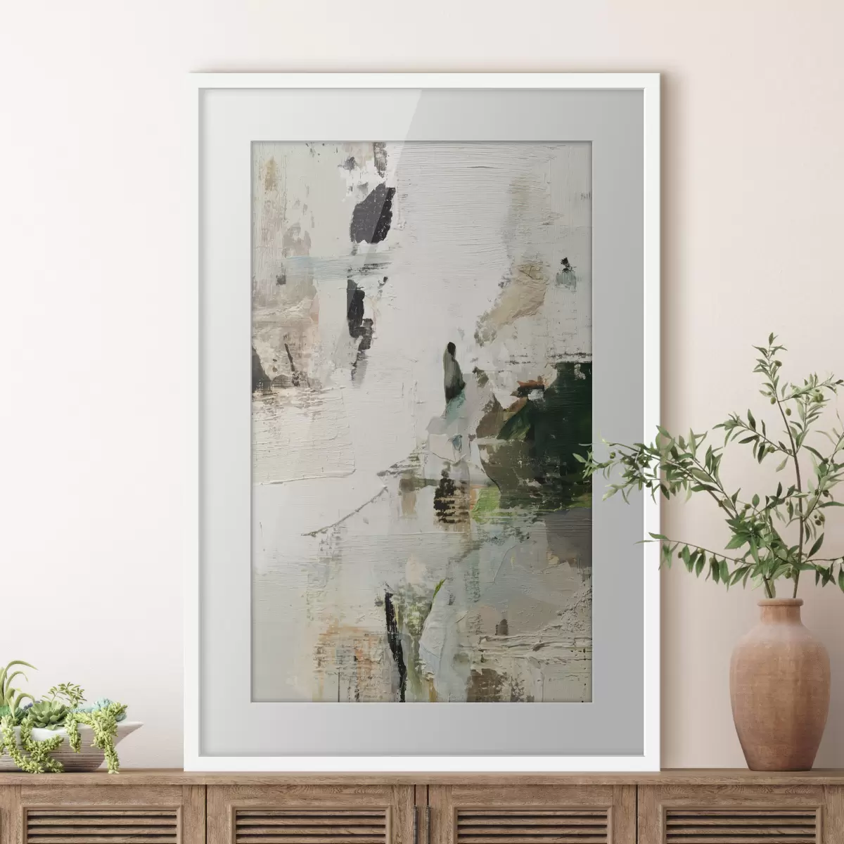 Poster Composición abstracta en tonos pastel con acentos verde oscuro al estilo de la pintura al óleo. f46960