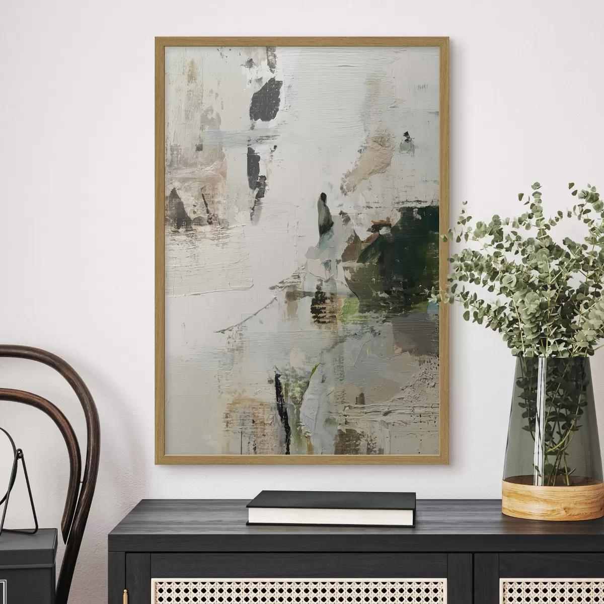 Poster Composición abstracta en tonos pastel con acentos verde oscuro al estilo de la pintura al óleo. f46960