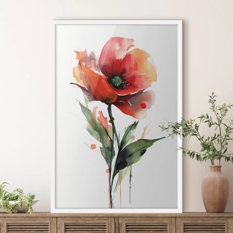 murales de pared Flor de amapola con expresivas gotas de pintura acuarela en estilo ilustrativo de arte moderno. f47086