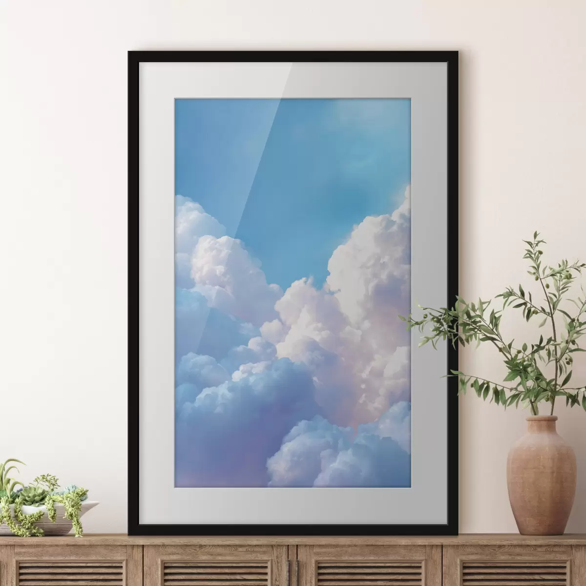 Poster Pintoresco paisaje celeste con enormes nubes blancas en estilo gráfico digital. f47089