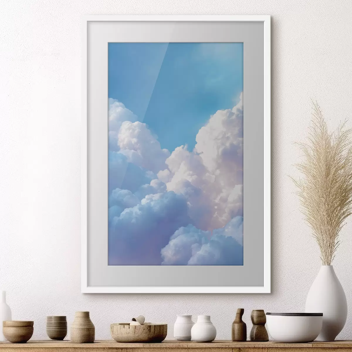 Poster Pintoresco paisaje celeste con enormes nubes blancas en estilo gráfico digital. f47089