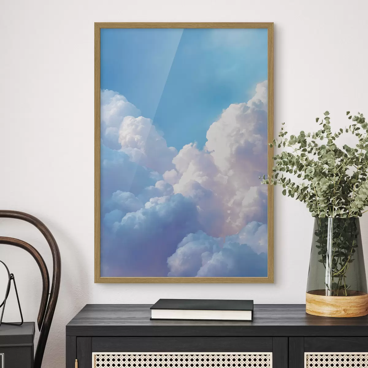 Poster Pintoresco paisaje celeste con enormes nubes blancas en estilo gráfico digital. f47089